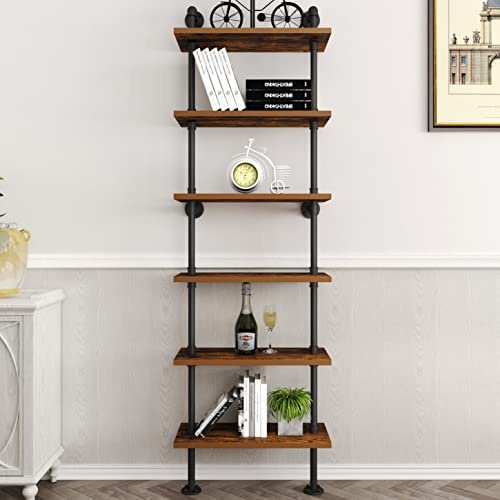 HOMEKAYT Industrielles Rohrregal, rustikales Wandregal, Leiter, Bücherregal, Wandmontage, Lagerung, Dekorregal für Zuhause, Büro, Wohnzimmer (6 Ebenen), Schwarz