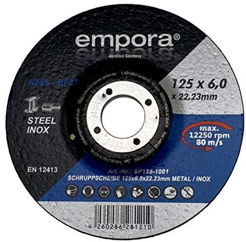 EMPORA Schruppscheiben - Schruppscheiben Ø115 mm - 125 mm - 180 mm - Inox Stahl Metall Blech - INOX STAHL METALL x 6,0 mm x 22,23 mm - 80 m/s - EN. 12413 (10, 125 mm)