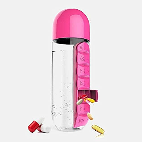 Honent Pille Organisieren 600Ml Wasserflasche Mit Pille Box Plastikgetränk Flasche Mit Medizin Pillen Box Reise 7 Tage Drogenorganisator Trinkbehälter Für Medikamente, Nahrungsergänzungsmittel,Rose