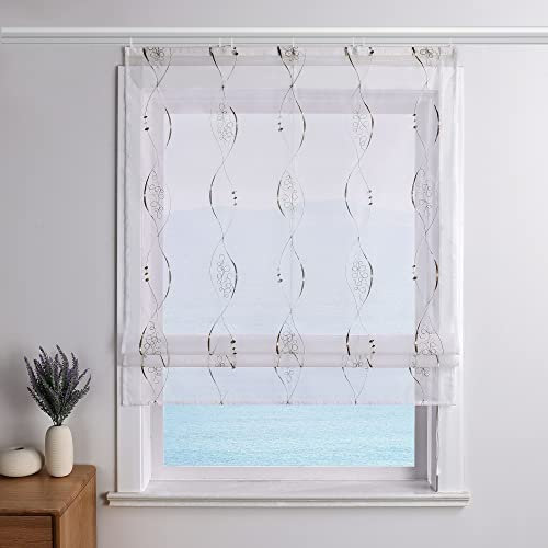 ESLIR Raffrollo Weiß Raffgardine mit Klettband Gardinen Küche Transparent Bändchenrollo Voile Bestickt Landhausstil Braun BxH 120x140cm 1 Stück