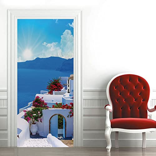 A.Monamour Türtapete Selbstklebend Türfolie Türposter 3D Insel Santorini In Griechenland Naturlandschaft Vinyl Folie Türdeko Tapete Wandbild Türaufkleber Türtattoo 90x200cm