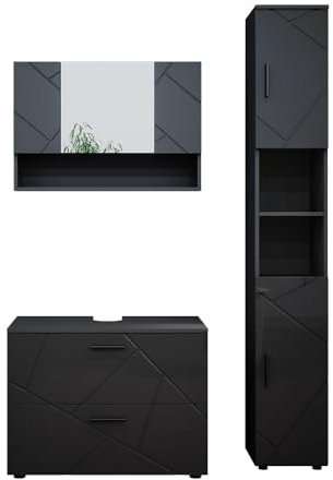 Vicco Badmöbel-Set Irma, Anthrazit Hochglanz, 3 Teile, mit Spiegelschrank 80 cm