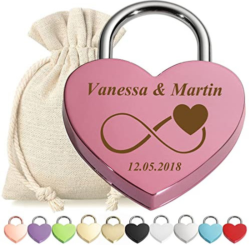 Liebesschloss Vorhängeschloss Pink mit personalisierter Wunschgravur - Motiv Unendlichkeit - Geschenkbeutel - passend zur Hochzeit, Jahrestag, Valentinstag - Paar-Geschenk - Mann, Frau