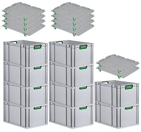 PROREGAL SuperSparSet 10x Eurobox NextGen Color mit Auflagedeckel & Schiebeschnappverschlüsse, HxBxT 32x40x60cm, 65L, Griffe grün offen, Verstärkter Boden, Eurobehälter Transportbox Transportbehälter