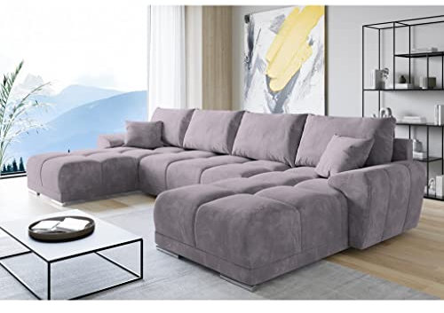 ML Furniture Velvet Ecksofa in U-Form – Lila Sofa – Couch mit Stauraum und Kissen - Ausziehbares Schlafsofa – Sofa mit Schlaffunktion - Schlafsofa mit Bettkasten – Gästebett – 365 x 189 cm