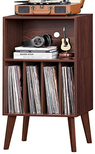 Lerliuo Record Player Stand, Walnut Turntable Stand Holds up to 160 Albums, Mid-Century Vinyl Storage Cabinet Table with Solid Wood Legs, Record Player Holder Dispaly Shelf for Bedroom Living Room