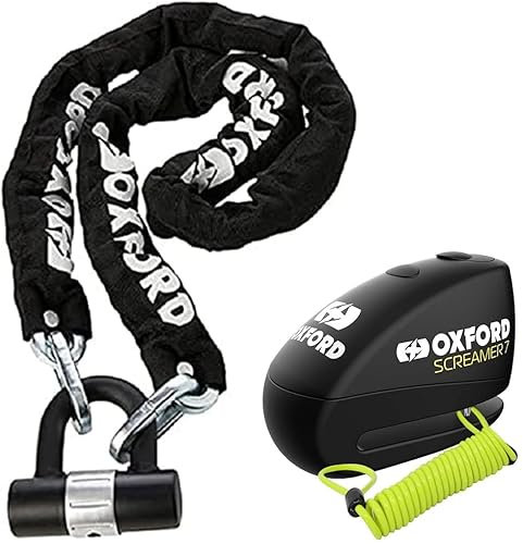 Oxford Motorbike Security HD Chain Lock Motorcycle Scooter Bike Theft Protection + Oxford Screamer 7 Alarm Disc Lock Black + Reminder Cable (Black, 1.0m)
