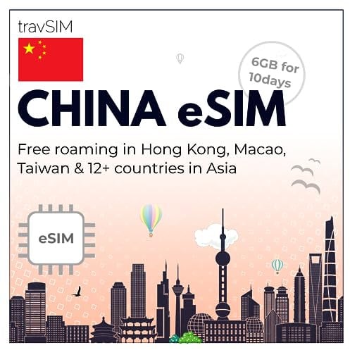 travSIM China eSIM | 5GB Mobile Daten | Kostenloses Roaming in Hongkong, Macau, Taiwan und über 12 Ländern in Asien | Dieser China eSIM Plan ist 10 Tage lang gültig