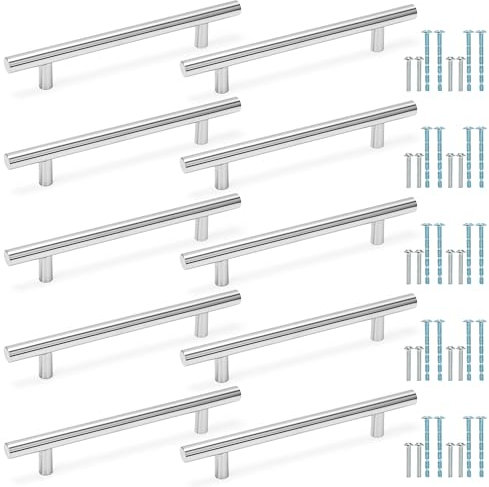 BELLE VOUS Stainless Steel Cabinet Handles (10 Pack) - 128mm Hole Centre, 190mm Length - Silver T-Bar Pull Knobs for Kitchen Drawer or Cupboard Door