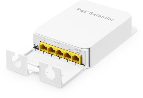Outdoor Gigabit PoE Passthrough Switch, 1 PoE in 4 PoE Out Extender, IEEE802.3af/at/bt PoE Powered 90W, 10/100/1000Mbps Ethernet, Wandmontage Wasserdicht Plug and Play