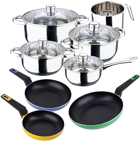 Set 12 piezas, Batería de cocina en acero inox(cazoØ16 + cacerolas Ø18Ø20Ø24 + lechera Ø14x12,5) + set de 3 sartenes (Ø18Ø22Ø26) en aluminio prensado