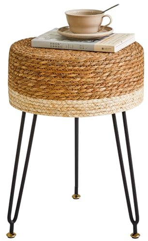 YMYNY Sitzhocker, Ottoman, Fußhocker aus Natürliches Seegras und Metallbein, in ländlichen Stil, Handgefertigt, für Schlafzimmer, Wohnzimmer, 32×32×45CM Natürliche Farbe und Weiß HBD029W