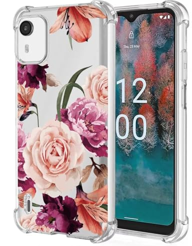 Jhxtech Handyhülle für Nokia C12, Nokia C12 Plus/Nokia C12 Pro Mädchen Damen, schlanke, stoßfeste, durchsichtige, durchsichtige, weiche, Flexible TPU-Schutzhülle für Nokia C12, lila Blume
