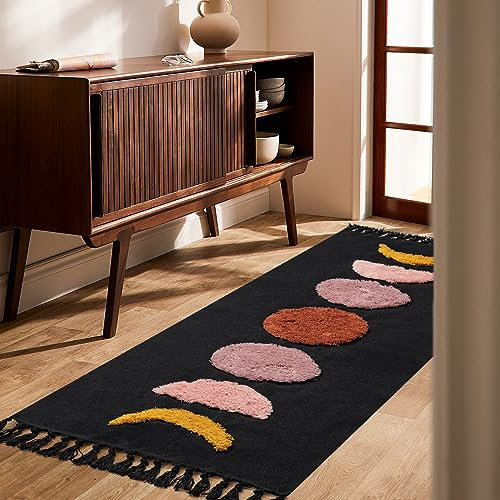 LINROMIA Teppich Läufer Flur Lang 60x150 cm, Boho Schwarz Mond Getuftet Baumwollteppich mit Gewebt Quasten, Waschbarer Teppich für Badezimmer Küche Wohnzimmer Schlafzimmer Flur Esszimmer