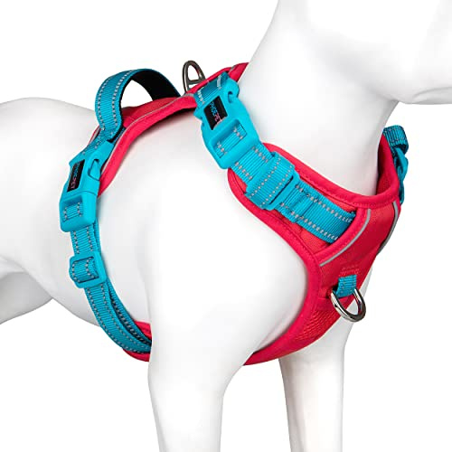 PHOEPET Dog Harness Large Dog, No Pull Vest with Handle, Reflective Strap | (Red Base & Blue Straps,XL),Easy to Wear & Fully Adjustable, 2 Metal Clips, Quick-Release Buckles,Breathable Padding