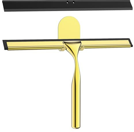 Radikor Raclette Douche en Acier INOX, 25.5cm Raclette de Douche avec Crochet, Raclette Vitre Douche, Remplaçable Silicone Raclette Salle de Bain Douche pour Vitre, Miroir, Carrelage, Cuisine - Or