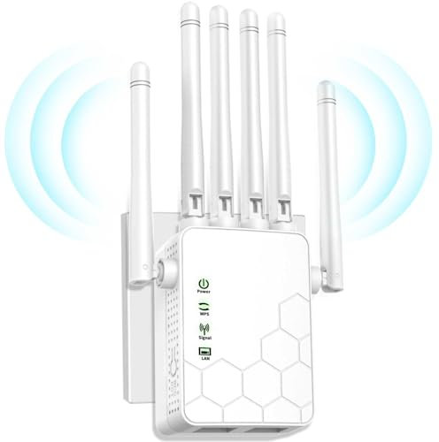 Ripetitore WiFi,Ripetitore WiFi Potente Per Casa,Ultima Tecnologia a 6 Antenne Per Una Copertura Completa,Area di Copertura 10000Sq.in,Supporta Fino a 45 Dispositivi,Con 2 Porte Ethernet (Bianco)