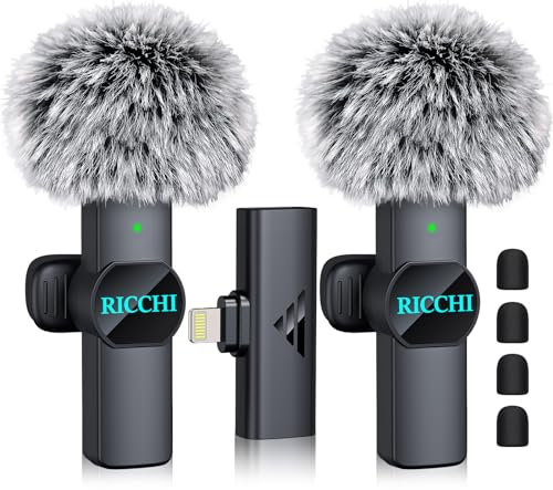 RICCHI Microfono Wireless per iPhone 7-14 iPad, 2 Mini Microfono Lavalier Wireless con Noise Cancelling, Professionale Smartphone Microfono per Video Live Stream, Vlog, TikTok