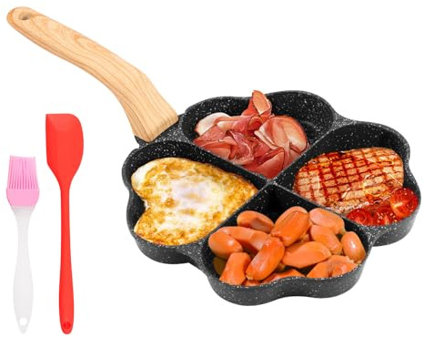 4 Tassen-Eierpfannen, Aluminium Kreis Herz Bratpfanne Antihaft mit Spatel und Pinsel, 35×20×2,5 cm, Omelette-Pfanne mit hitzebeständigem Holzgriff für alle Herdplatten und Herd, BPA frei(Schwarz)