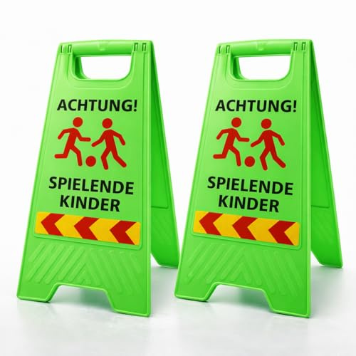 Friendly Fox 2 Stück Warnschilder Achtung spielende Kinder, 60 x 30 cm | Sicherheitsschild, Vorsicht Kinder Schild, klappbarer Aufsteller mit Reflektorstreifen