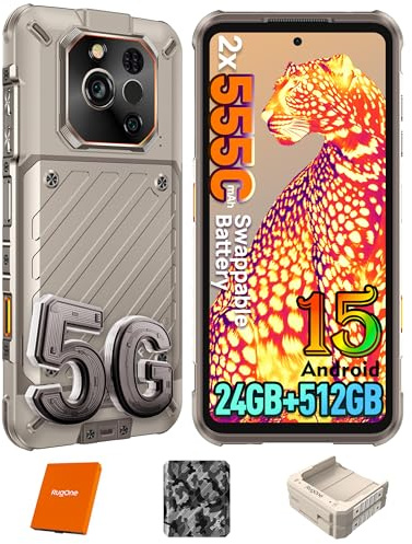 RUGONE Xever 7 Pro Cellulare, 5G con Batteria Sostituibile (2×5550mAh) Telefono 64MP Visione Notturna + Termocamera 24GB+512GB/SD-2TB, Android 15 Rugged Smartphone 6.67 120Hz AMOLED, E-SIM Sand Dune