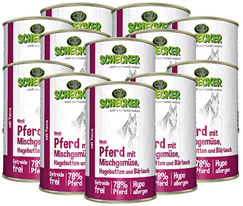 Schecker Nassfutter - Hundemenü - Pferd mit Mischgemüse - 12 x 410 g - 78% Pferd - getreidefrei - hypoallergen