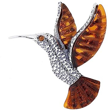 Bernstein-Brosche mit Vogelmotiv im Vintage-Stil für Damen, 925er Sterlingsilber, 29mm x 35mm, Sterlingsilber, Silber, Harz, Metall, Bernstein