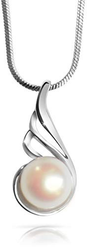 PoE - Silberkette Damen 925 mit Anhänger geschwungen mit echter Perle 8 mm - inklusive Schmuckbox - Brautschmuck, Perle weiß