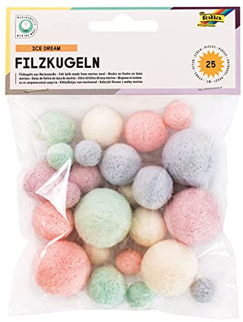 folia 5282 - Filzkugeln Ice Dream, 25 Kugeln aus 100 % Merinowolle, sortiert in 5 verschiedenen Farben und 3 Größen, ideal für Mobiles, Girlanden, uvm.