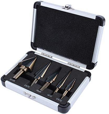Stufenbohrer-Bits HSS Set High Speed Ti Speed Stahl Stufenbohrer Lochschneider Bit Set Werkzeug mit Aluminiumbox für Holz Metall Schneiden Löcher Messing und Laminat 5 Stück