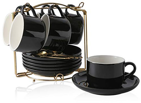 CHILDIKE Porzellan Kaffeetassen und Untertassen 6er Set Schwarz, 8 oz Kaffeetasse für Cappuccino, Latte, Cafe Mokka, Teeparty, Espresso