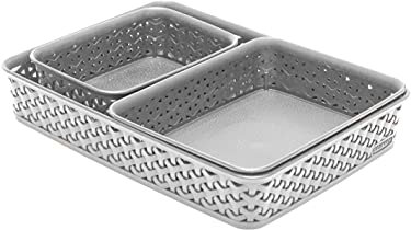 Curver My Style Rattan Effect Set of 3 Office Rectangular A4 A5 A6 Desk Storage Basket Tray Set - Light Grey