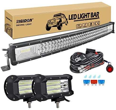 RIGIDON 32 Pulgadas 80 cm 405W curva barra de luz led y 12V kit de cableado, 2x 5 pulgadas 135W foco proyector, Largo alcance barras luminosas para todoterreno camión coche tractor ATV 4x4, 6000K