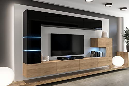 Furnitech Wohnwand Wohnzimmer - Wohnzimmer Möbel mit LED RGB - 16 Farben - Hängend Wohnwand Modern - Wohnzimmer Schrankwand mit Regale und TV Schrank (AN89NEW-21BS-HGM23)