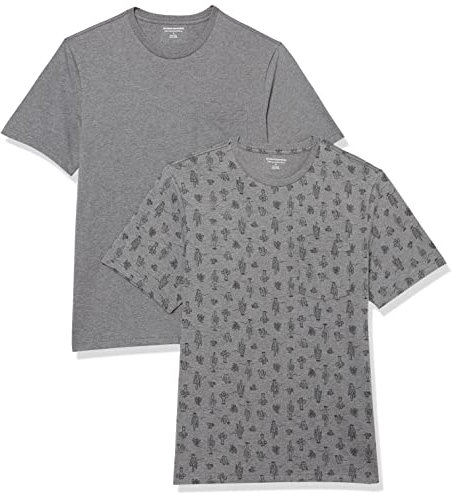 Amazon Essentials Herren T-Shirt mit kurzen Ärmeln, Rundhalsausschnitt und Tasche in schmaler Passform, 2er-Pack, Grau Meliert Kaktus, XS
