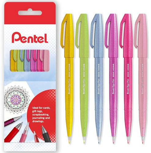 Pentel Brush Sign Pen SES15C - Brush Nib - Fibre Tip - Spring Tones - Set of 6 - In Gift Box
