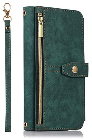 ZCDAYE Wallet Case for iPhone SE/iPhone 7/iPhone 8, Premium Leather Phone Case Women Ladies Holster with Card Slots Wrist Strap Zipper Flip Phone Cover for iPhone SE/iPhone 7/iPhone 8, Green