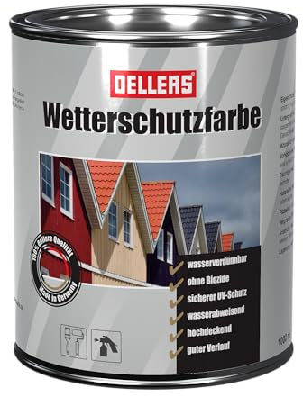 OELLERS Wetterschutzfarbe wasserbasierter Holzlack, 1L, RAL 7001 Silbergrau, farbige Holzbeschichtung, 3in1 Grundierung + Deckanstrich + UV-Schutz für Innen und Außen, auch für Metall geeignet