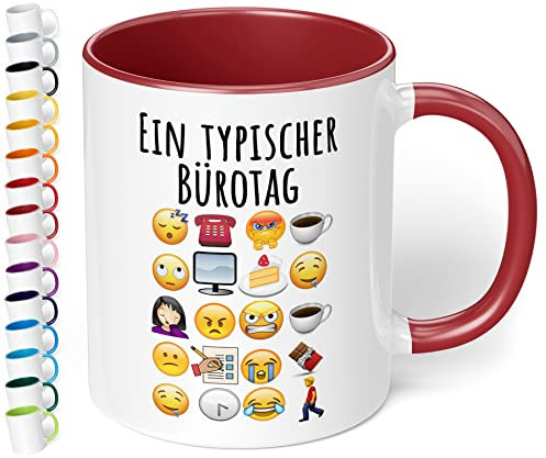 Lustige Büro Tasse Ein typischer Bürotag - lustige Kaffee-Tasse mit Spruch Emoticon Kaffeebecher, Geschenk für Mitarbeiter Kollegen Büro Arbeit Homeoffice Geburtstag Weihnachten (Bordeaux)