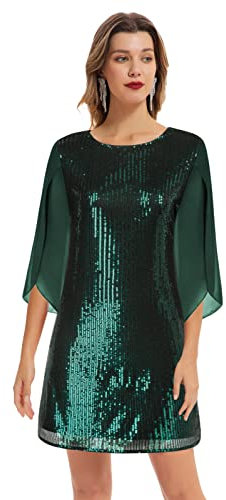 Damen Club Glitzer Kleid Vintage MidiKleid Pailletten Kleid 3/4 Ärmel Party Cocktailkleid Festlich Hochzeit Abendkleid XXL Dunkelgrün-Pailletten CL1812A22-03