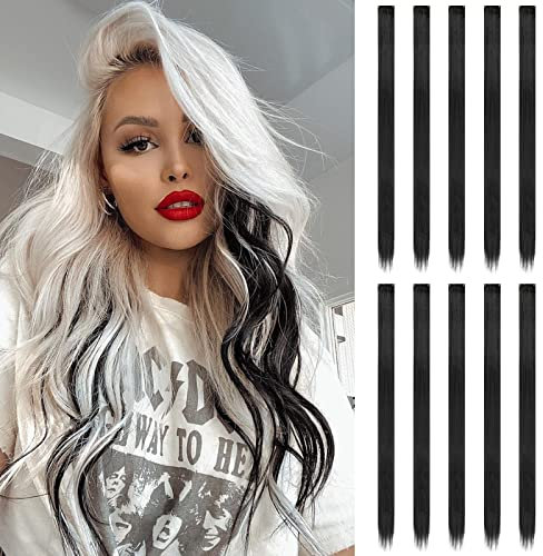 FESHFEN Bunte Farbige Haarverlängerung, 10 PCS Schwarz Haarteil für Damen Party Highlight Synthetik Glatte Bunte Haarverlängerungen Clip in Extensions Haarteil für Frauen, 55cm