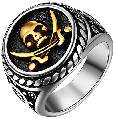JewelryWe Schmuck Herren-Ring Retro Pirate Seeräuber Ring Siegelring mit Totenkopf Schädel und gekreuzten Schwerter Edelstahl Biker Schädelring für Halloween Gravur, Gold Silber Größ4 65