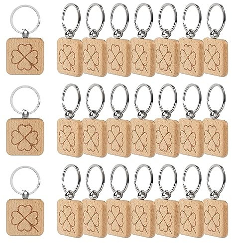 efuturetime 24PCS Glücksbringer Schlüsselanhänger Kleeblatt Holz aus Laserbedruckt Schlüssel Anhänger für Dekoration Geschenke Abschiedsgeschenk, Quadratisch