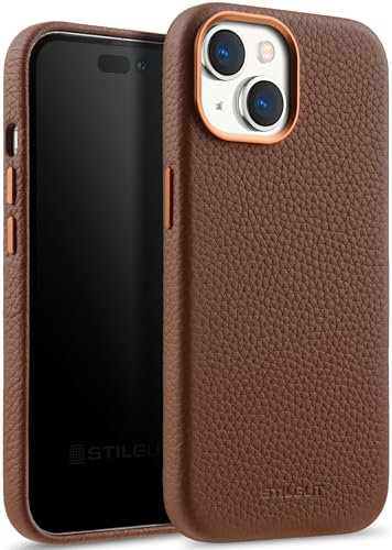 StilGut Cover kompatibel mit iPhone 15 Hülle aus Leder - iPhone 15 Case aus Leder Kompatibel mit MagSafe mit Tasten & Kameraeinfassung aus Metall, Ledercase - Cognac, APIP15SCSTVTBN