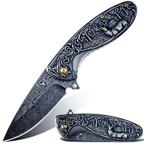 MADSMAUG Klappmesser, cool Taschenmesser mit 3D Sika-Hirsch Prägen Reliefgravur, gute Geschenk Edc Messer für Männer Outdoor Überleben Camping(schwarz)