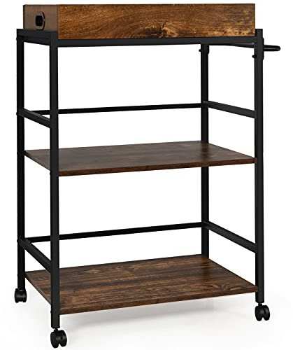 COSTWAY Carrito de Servicio de 3 Niveles, Bandeja de Madera Extraíble, Carrito Cocina Industrial con Ruedas Bloqueables y Asa, Camarera con Ruedas Hogar/Pub/Restaurante, 73 x 40 x 93 cm