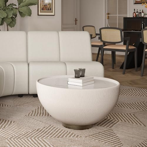 POVISON Table Basse Moderne Ronde en Pierre frittée avec Cuir PU et Base en Alliage d'aluminium, Table d'appoint Ronde 70 cm x 70 cm x 36 cm, Blanc, Meuble de Salon, Usage Résidentiel