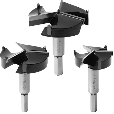 Vouyar Forstner Drill Bit 3PCS Set 2,2-1/2,3 Carbide Tipped Forstner Bit for Hard Wood, Soft Wood, Veneered Plywood, Plastic, Drilling Hole Saw Woodworking Hinge Cutter Tool