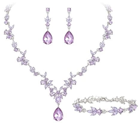 Clearine Wedding Jewellery Set for Women Bride Bridal Bridesmaid, Crystal Teardrop Marquise Cluster Y-Necklace Tennis Bracelet Dangle Earrings Light Purple Silver-Tone