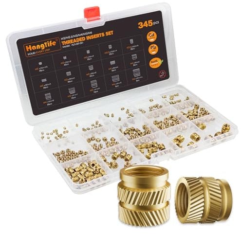 HANGLIFE Inserts Fileté pour la Fusion à Chaud, M2 M2.5 M3 M4 M5 M6 Boîte Assortiment (345PCS) Insert Filetés pour Composants d'Impression 3D et Pièces en Plastique- Écrous Moletés Métriques en Laiton